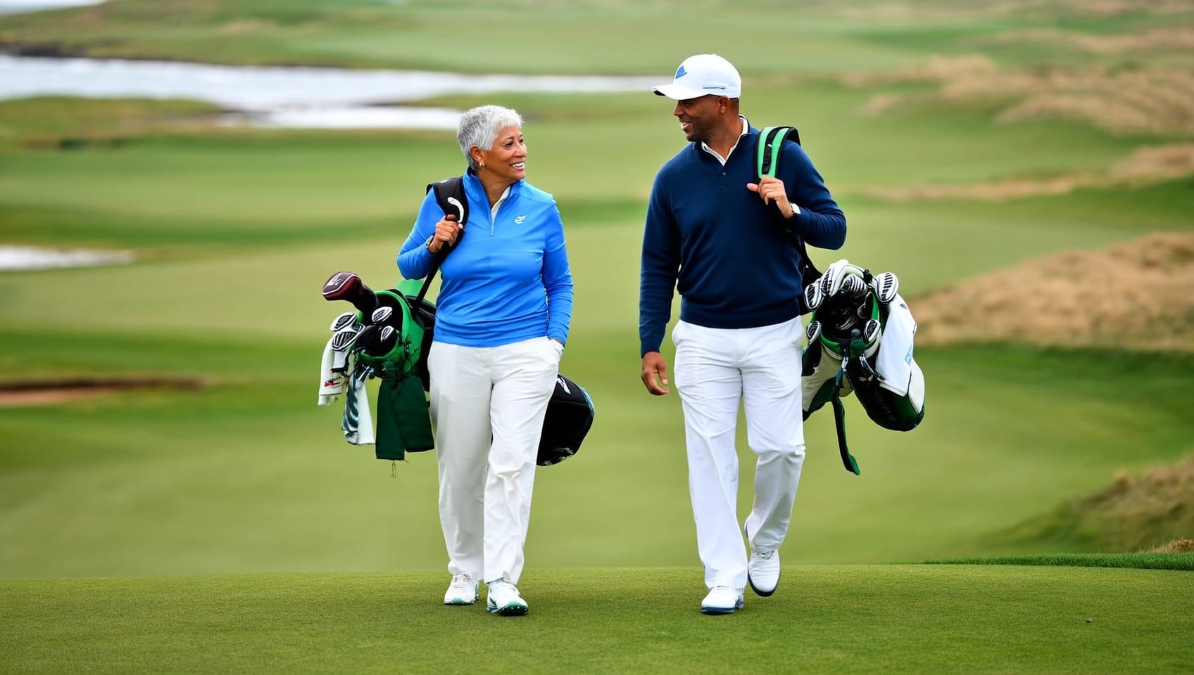 A group of golfers walking a coastal links course together, bags over their shoulders