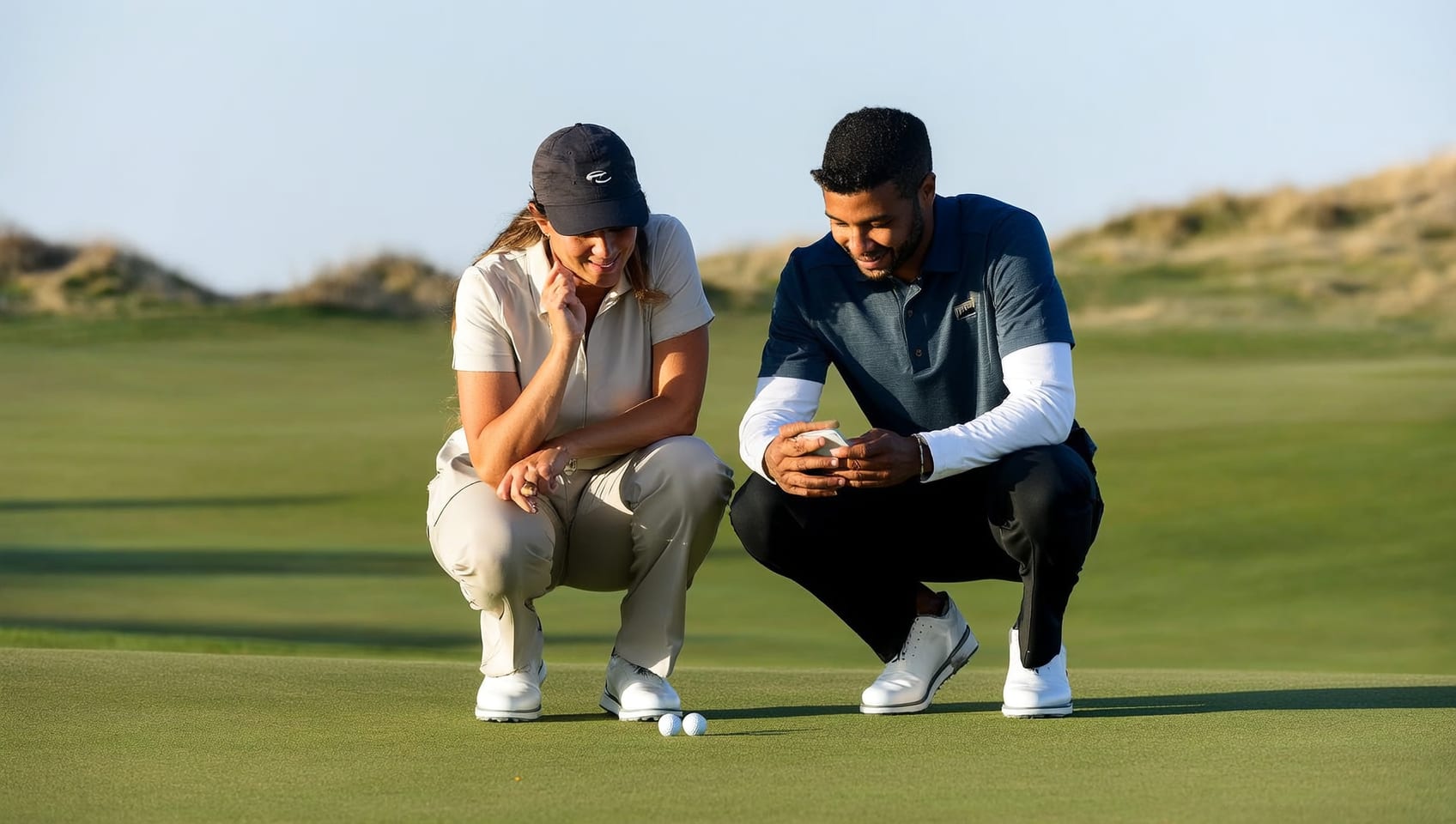A golfer and caddie reading the line together on a putting green at first light