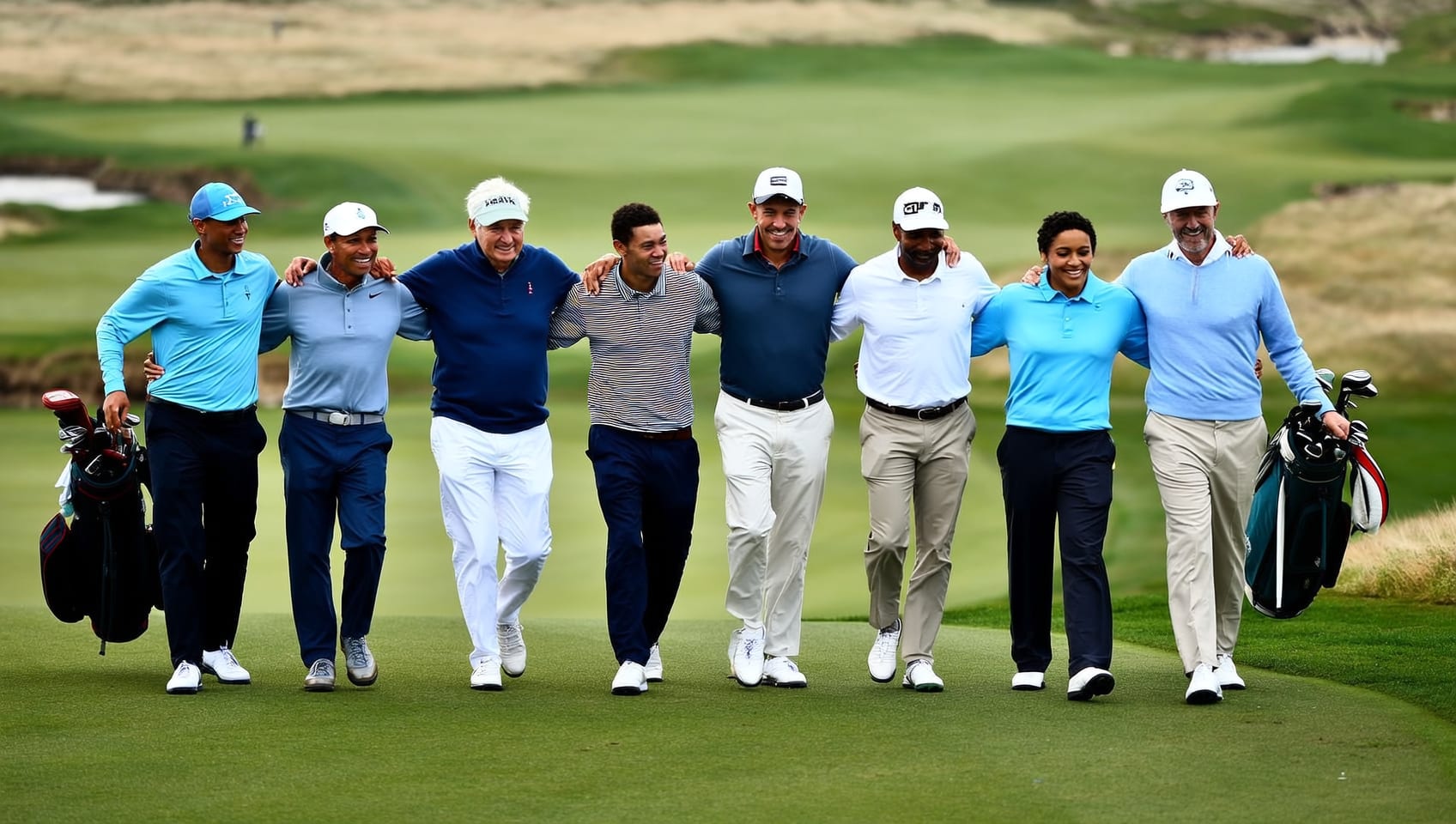 A diverse group of golfers walking a coastal links course together, arms linked, bags carried by caddies