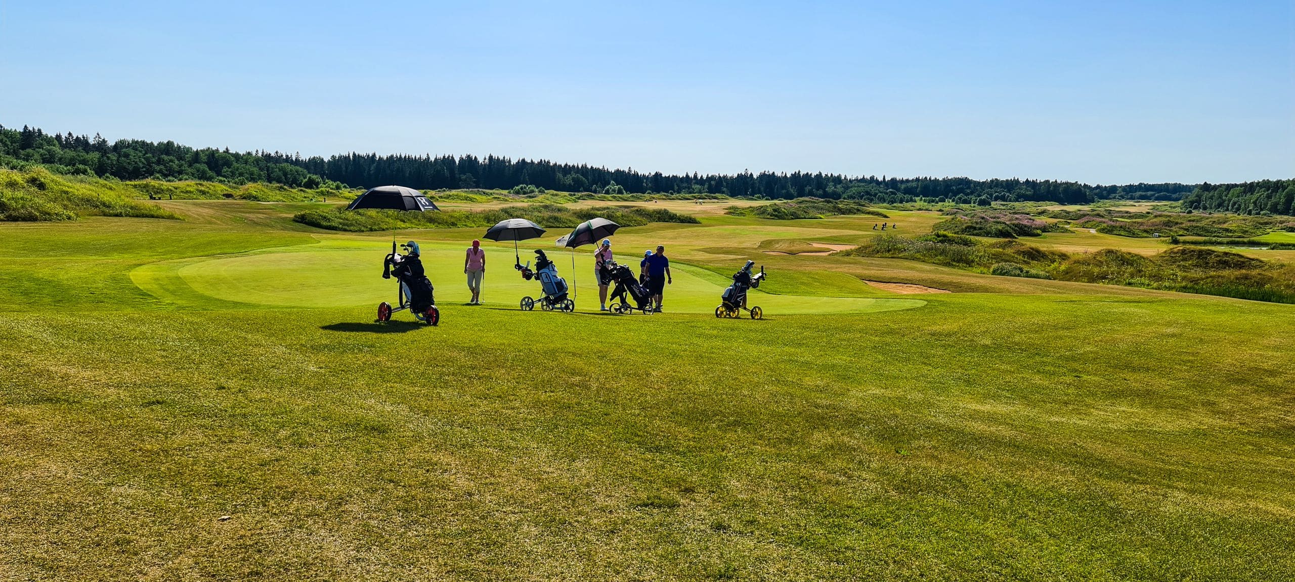 Colleagues gathered around golf balls on the practice green during a corporate day