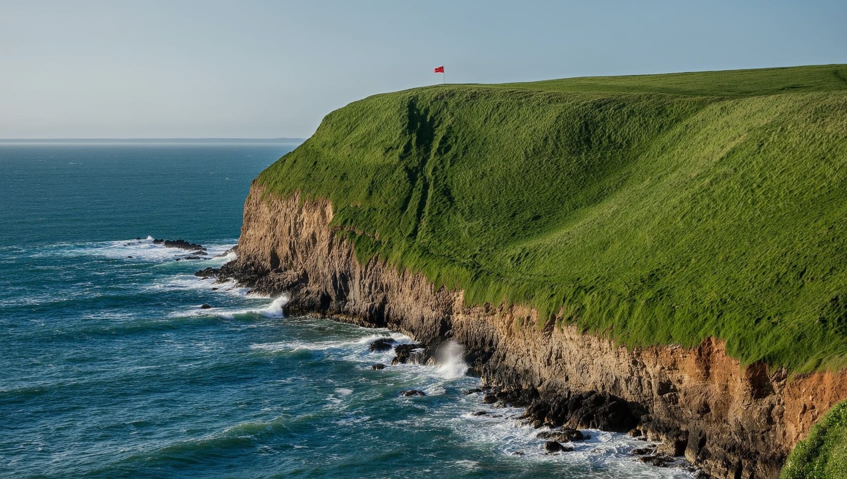 A golf green set on a grassy cliff above the Pacific Ocean, with a lone flagstick against blue water and sky
