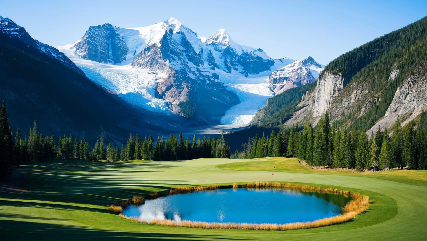 A golfer mid-swing on a mountain course with dramatic peaks rising behind a sunlit fairway