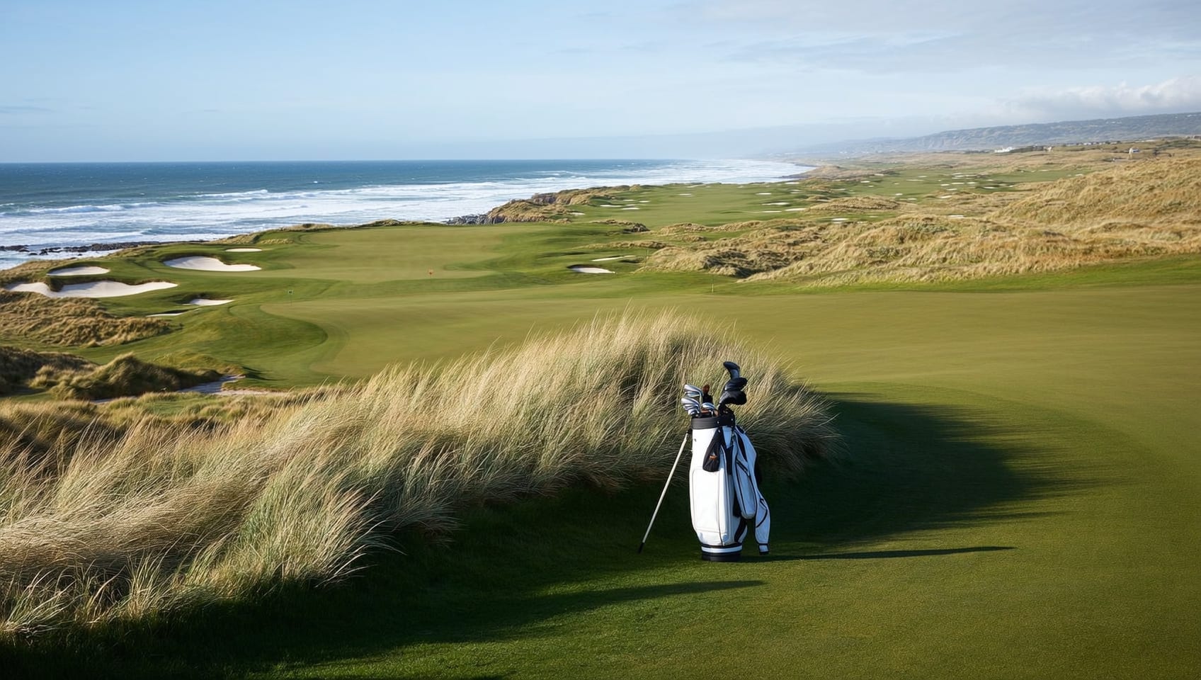 A cliff-top links fairway falling away toward the ocean, a lone red flag on a grassy headland