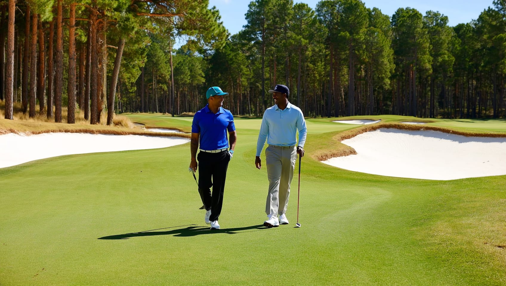 Two golfers walking a sunlit fairway through pine woodland