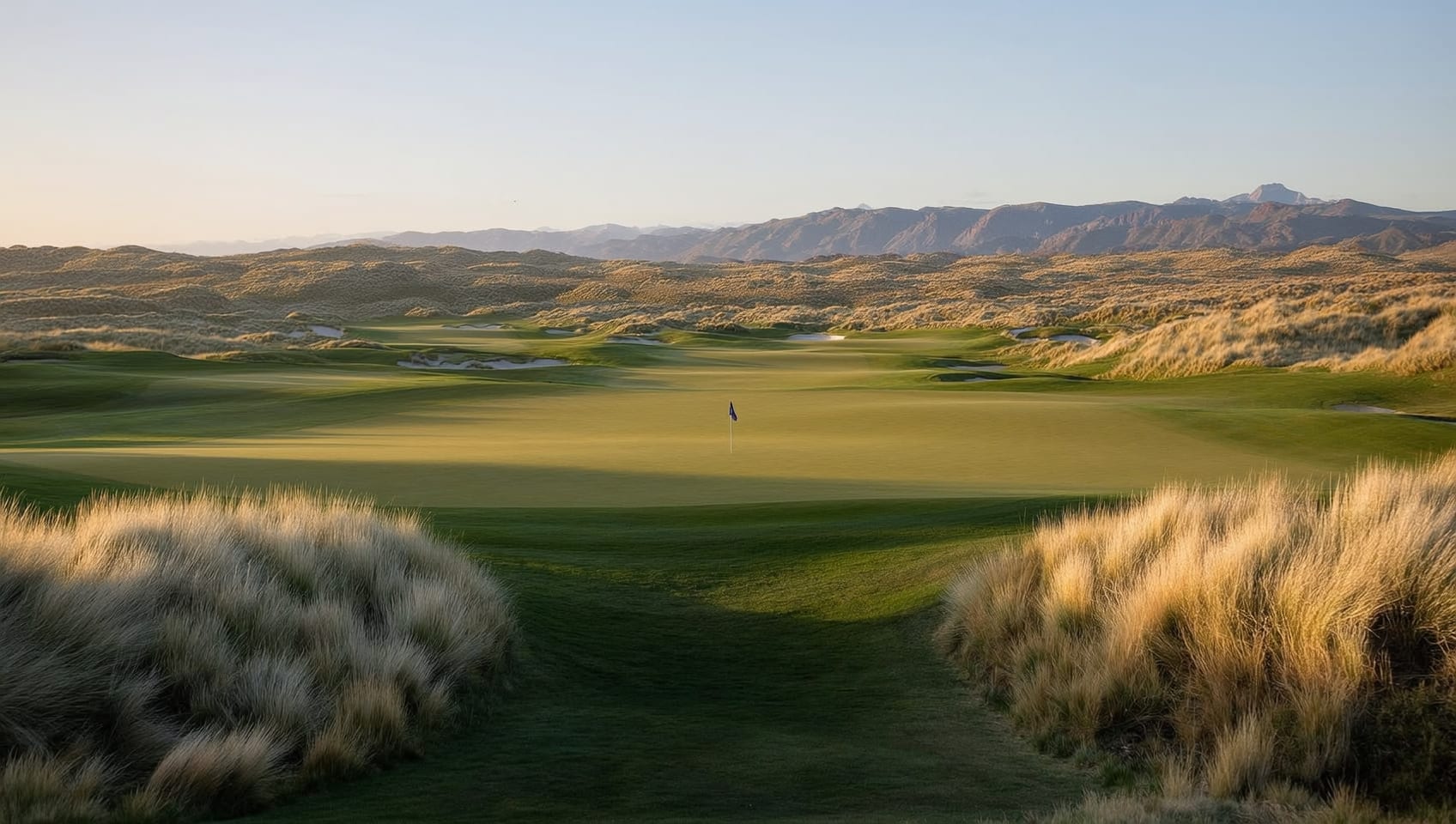 A links green at dawn with dunes and distant hills fading into golden mist