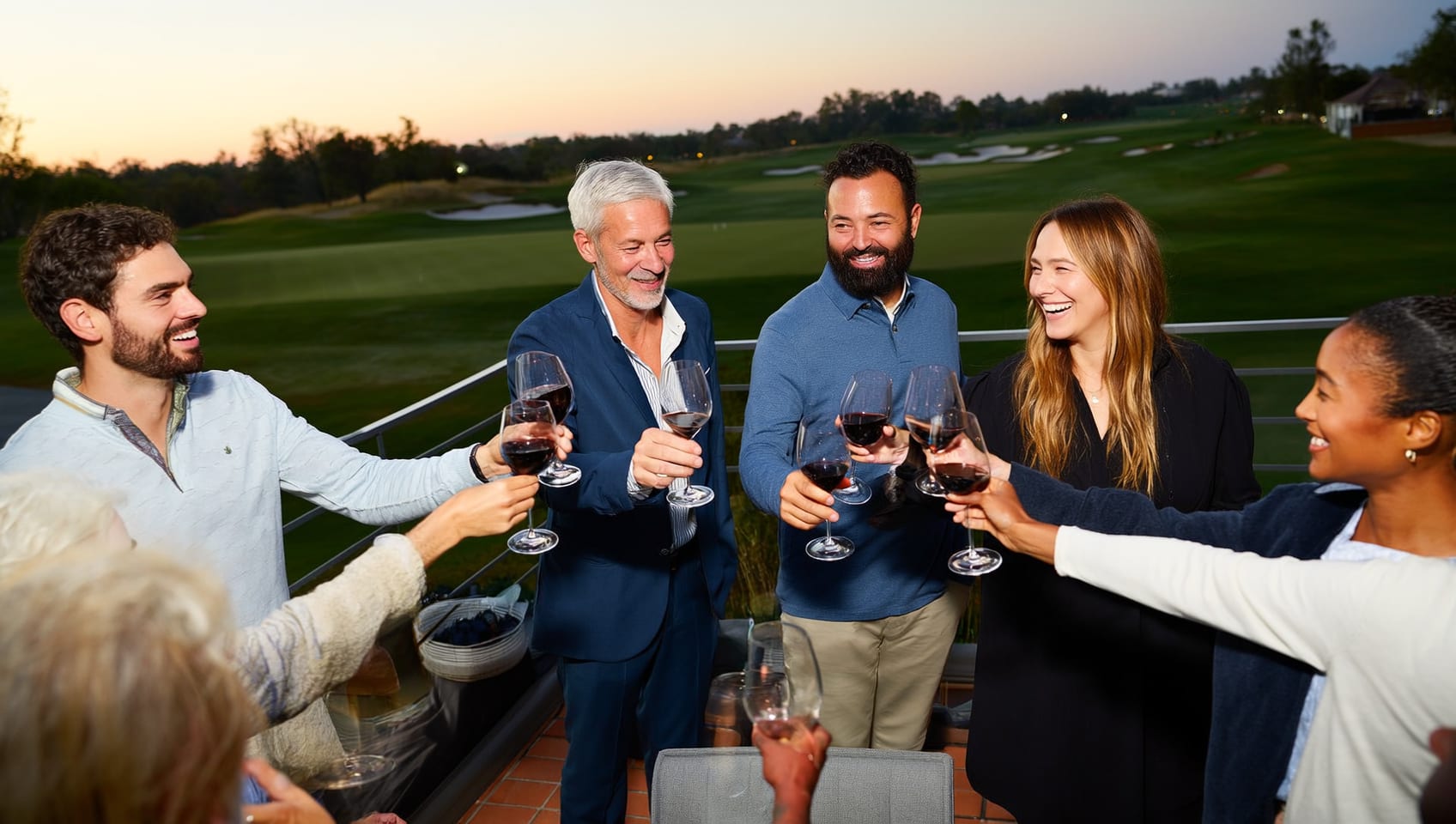 Friends toasting with wine glasses on a clubhouse terrace at dusk, a fairway visible below