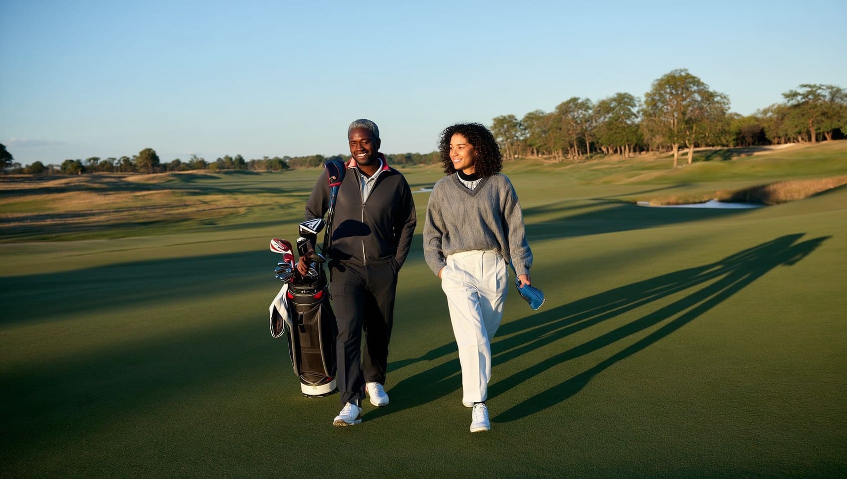 Two golfers walking a sunlit fairway through pine woodland in the North Carolina Sandhills, golf bag over one shoulder