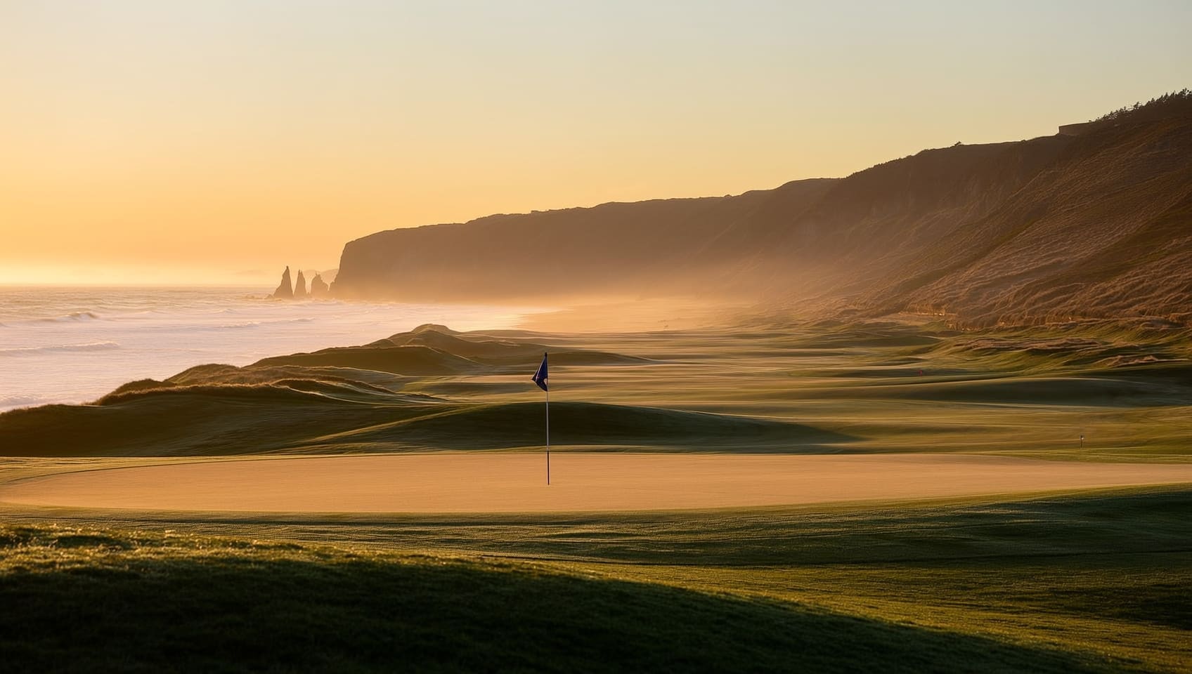 A links green at dawn with dunes and sea cliffs fading into golden mist along the Scottish coast