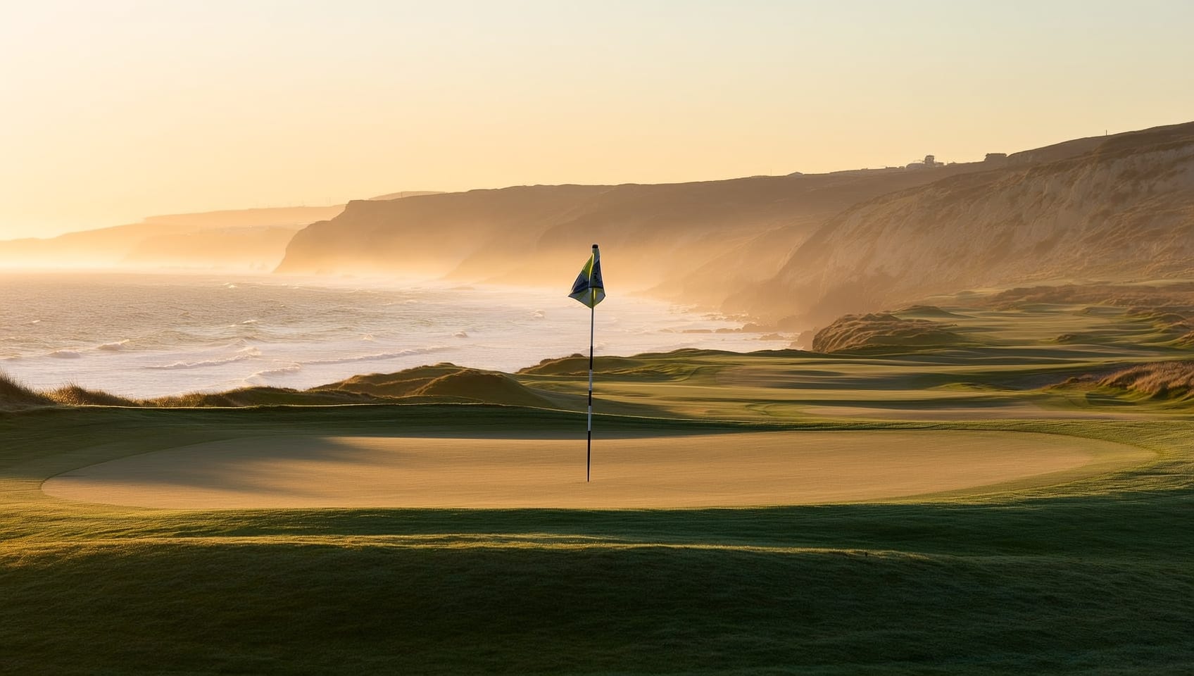 A links green with a flagstick at dawn, dunes and sea cliffs fading into golden mist along the coast