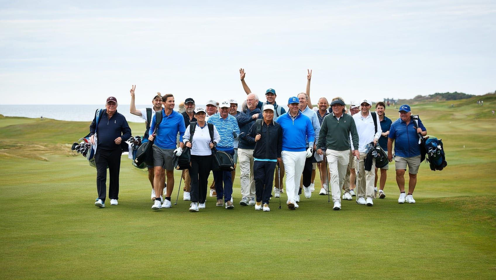 A group of golfers walking a windswept coastal links course together, bags over their shoulders