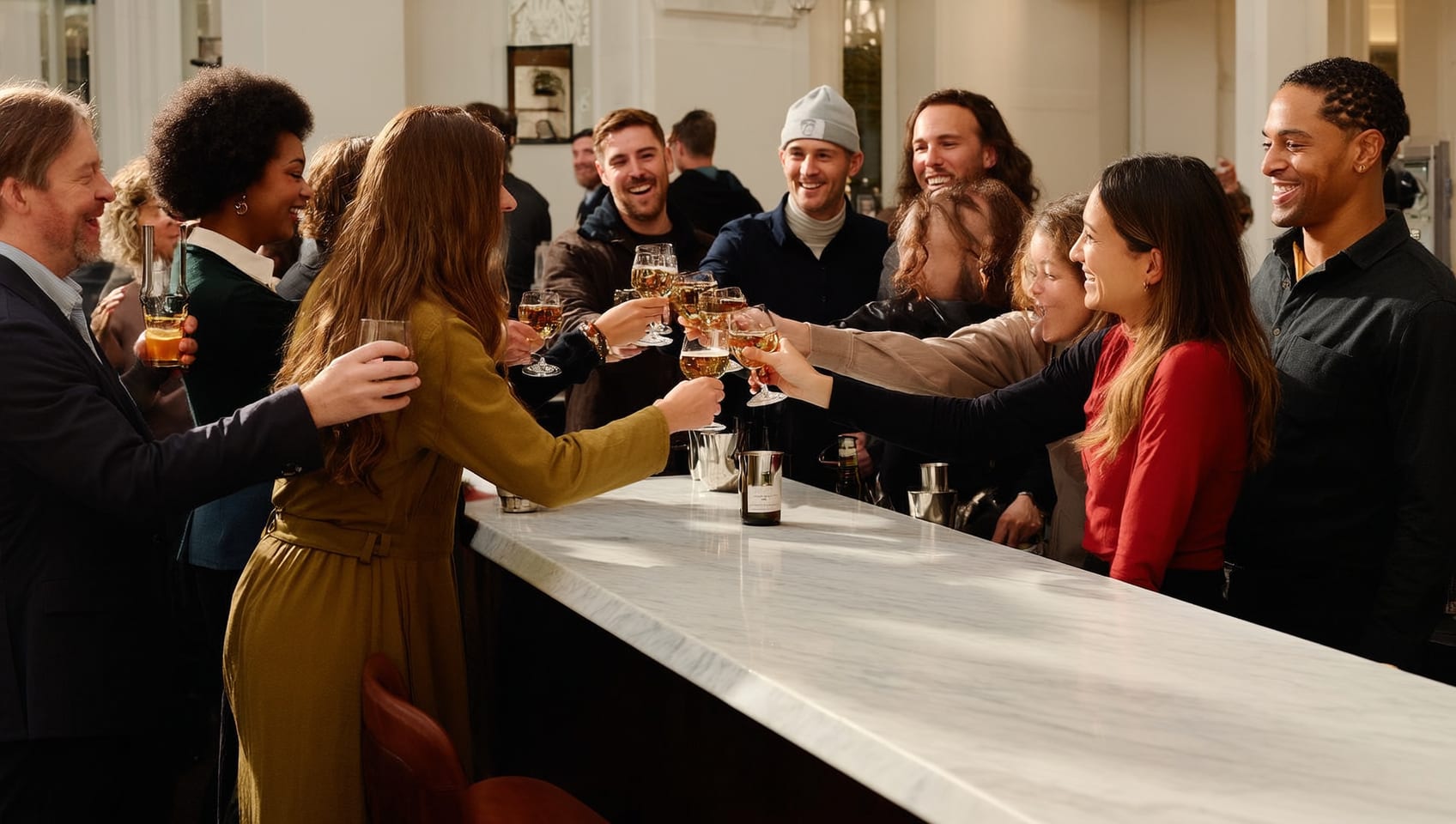 Friends toasting at a clubhouse bar after a round, the marble counter catching the evening light